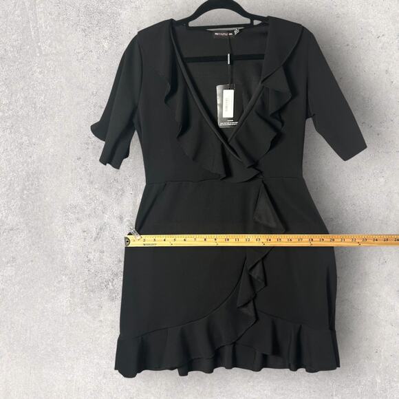 New PrettyLittleThing Black Frill Wrap Ruffle Dress Short Sleeve‎ Twelve - Picture 6 of 9